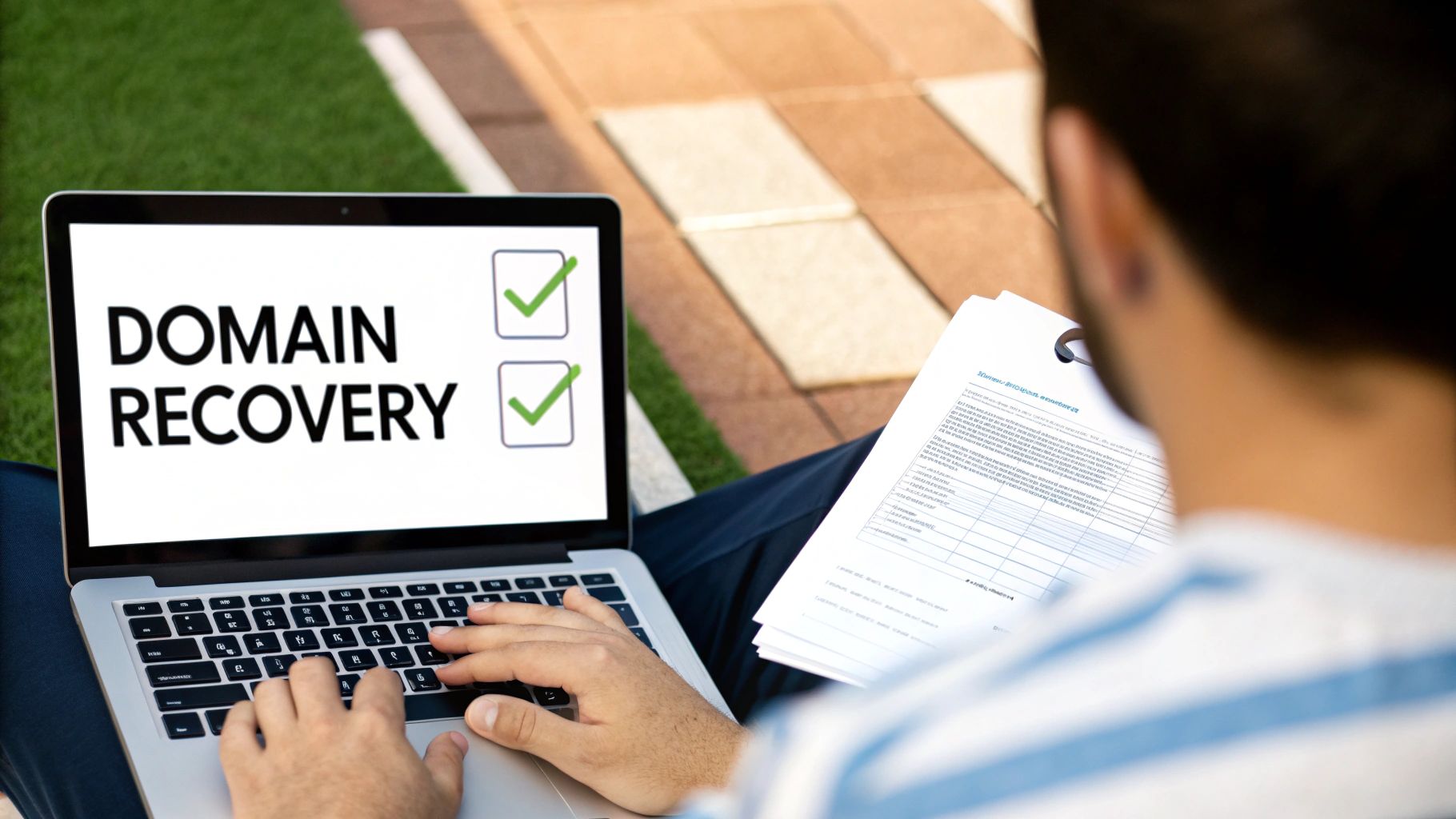A person works on a laptop showing 'DOMAIN RECOVERY' with checkmarks, while reviewing documents outdoors.
