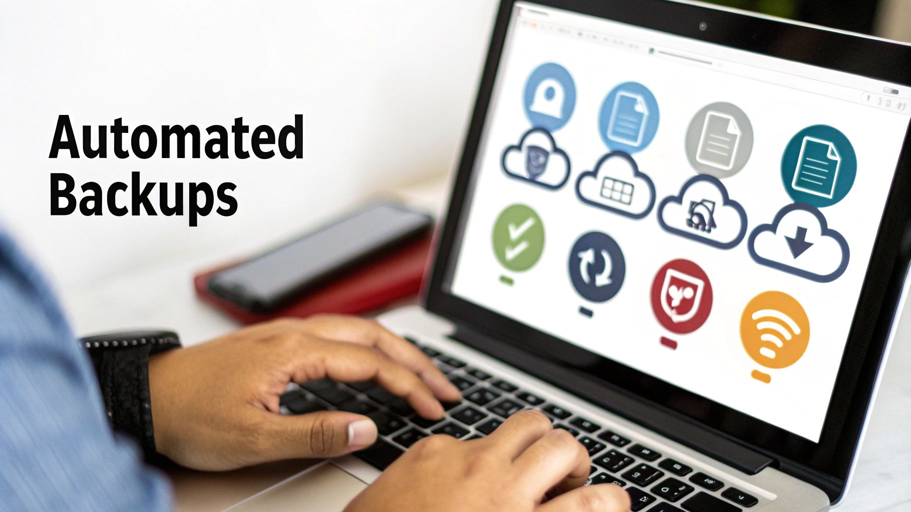 A person types on a laptop displaying cloud storage icons, next to the text 'Automated Backups'.