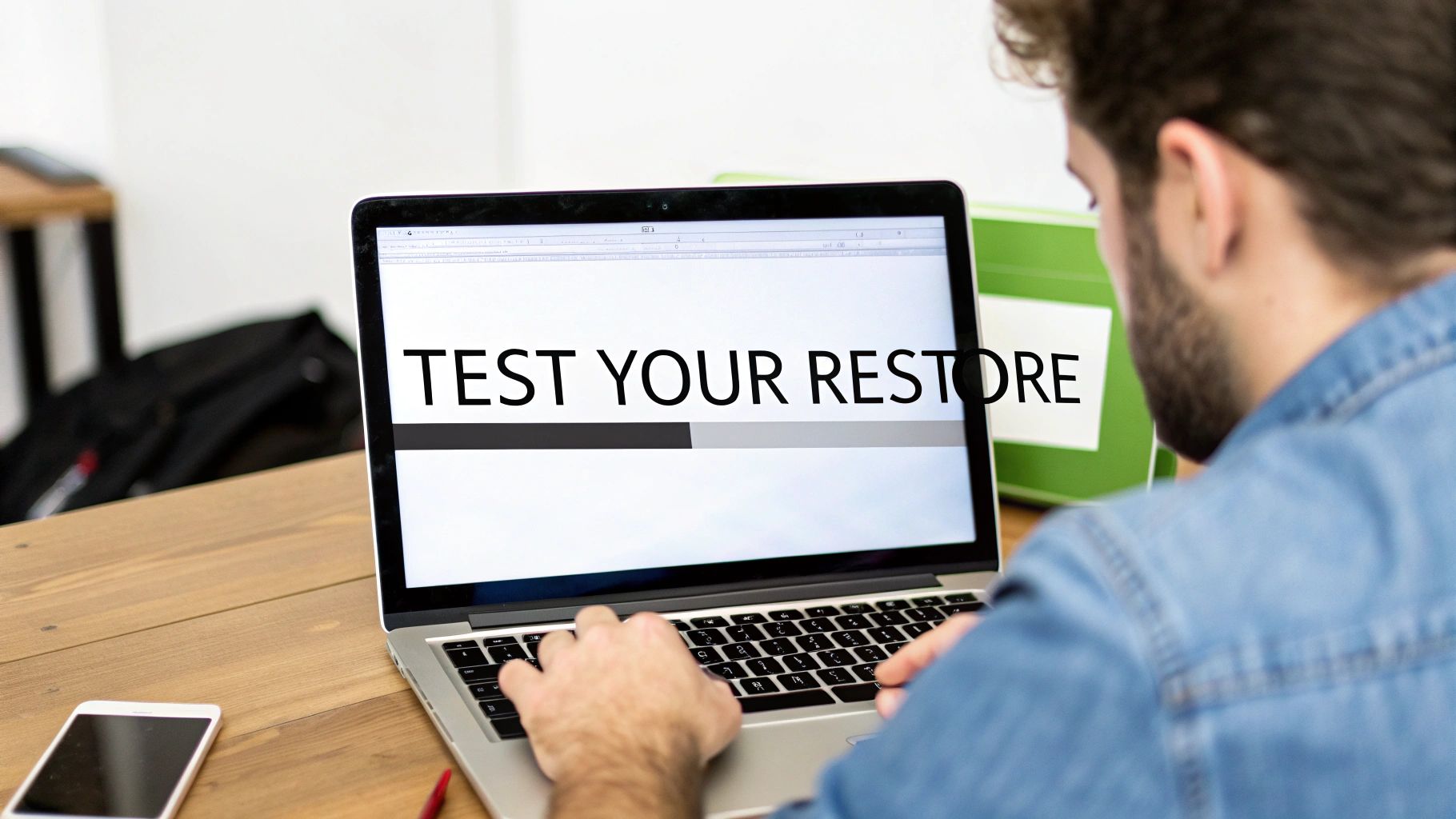 A man from behind, testing data restore on his laptop with a progress bar displayed.