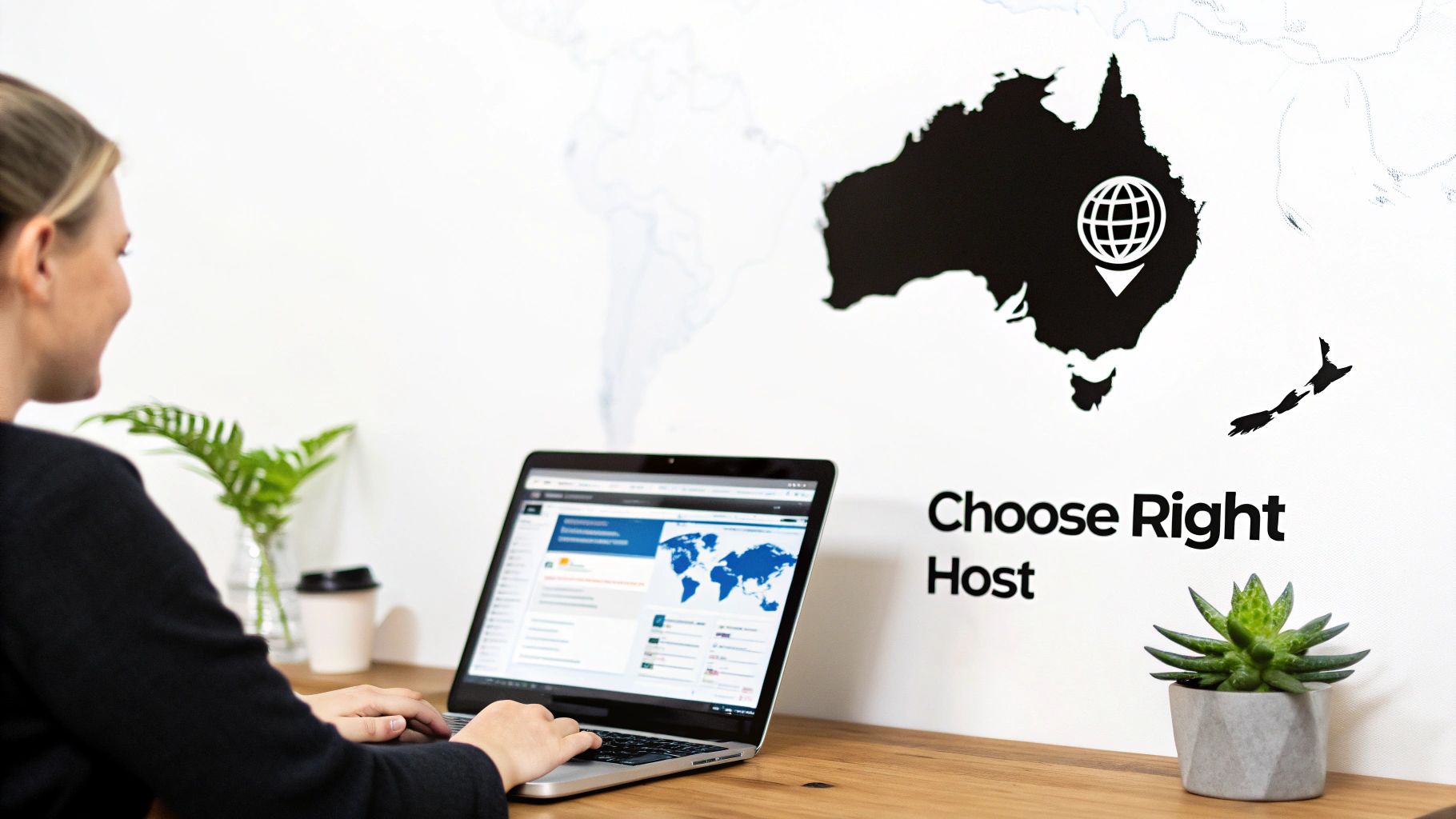 A woman works on a laptop showing a global map, with a wall map of Australia and text 'Choose Right Host'.