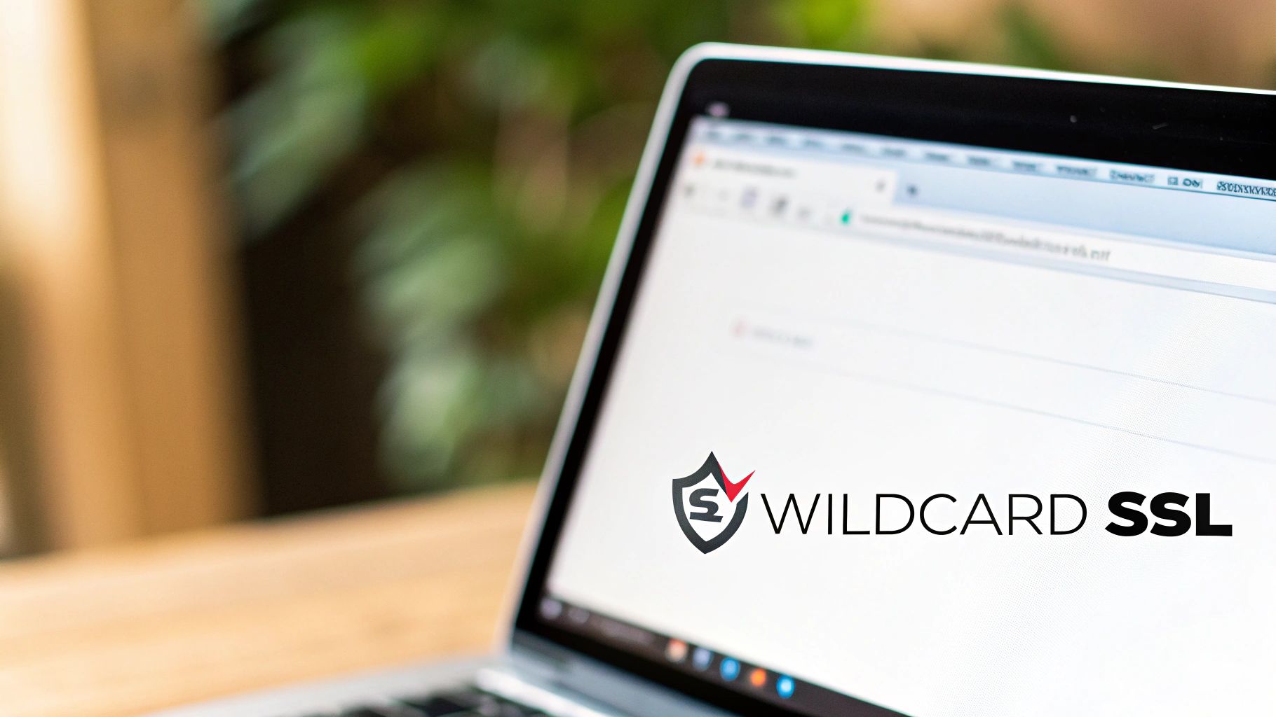 A laptop screen displays the 'Wildcard SSL' logo, symbolizing secure website connections.