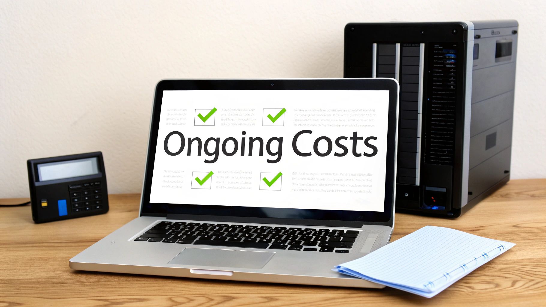 A laptop displaying 'Ongoing Costs' with green checkmarks, next to a calculator and a server.