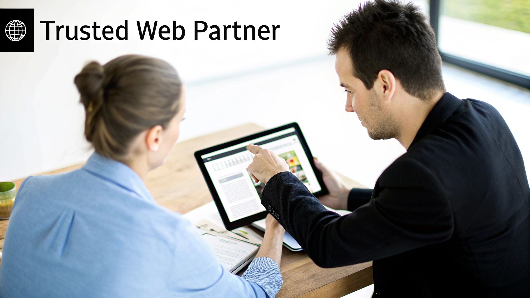 Two business partners discuss a project on a tablet, symbolizing a trusted web partnership.
