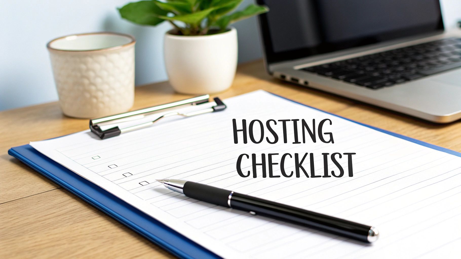 A 'HOSTING CHECKLIST' on a clipboard with a pen, stapler, laptop, and plant on a wooden desk.