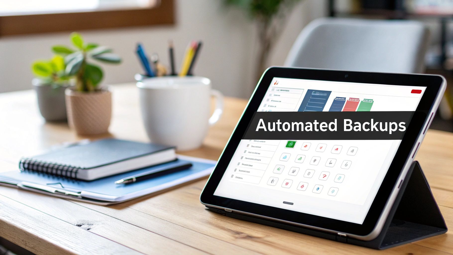 A tablet displaying 'Automated Backups' on a wooden desk, surrounded by office supplies and plants.
