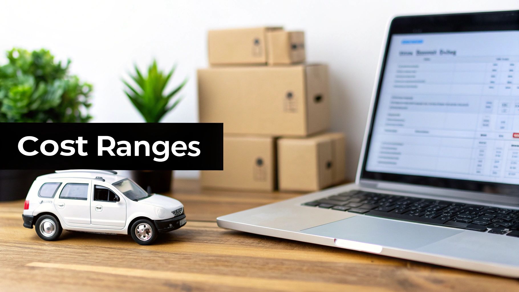 A white toy car, 'Cost Ranges' text, stacked boxes, and a laptop on a wooden desk.