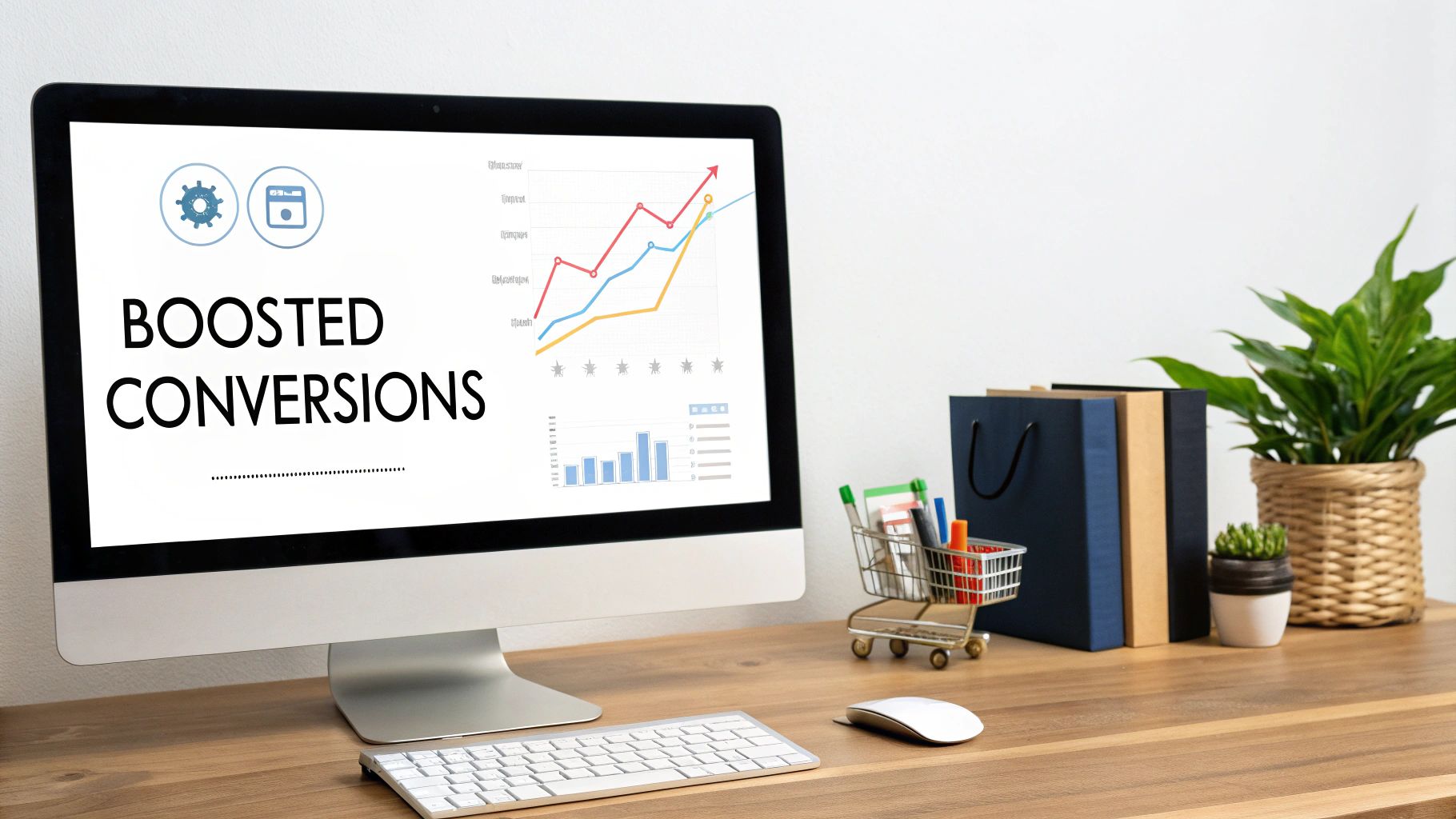 Desktop computer displaying 'Boosted Conversions' with performance charts, alongside e-commerce items and plants.