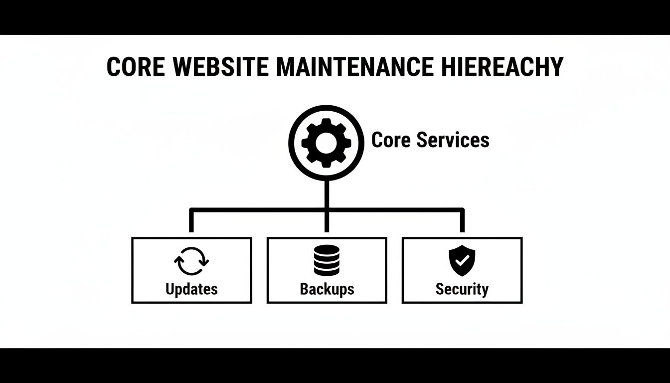 Diagram illustrating the core website maintenance hierarchy, including updates, backups, and security services.
