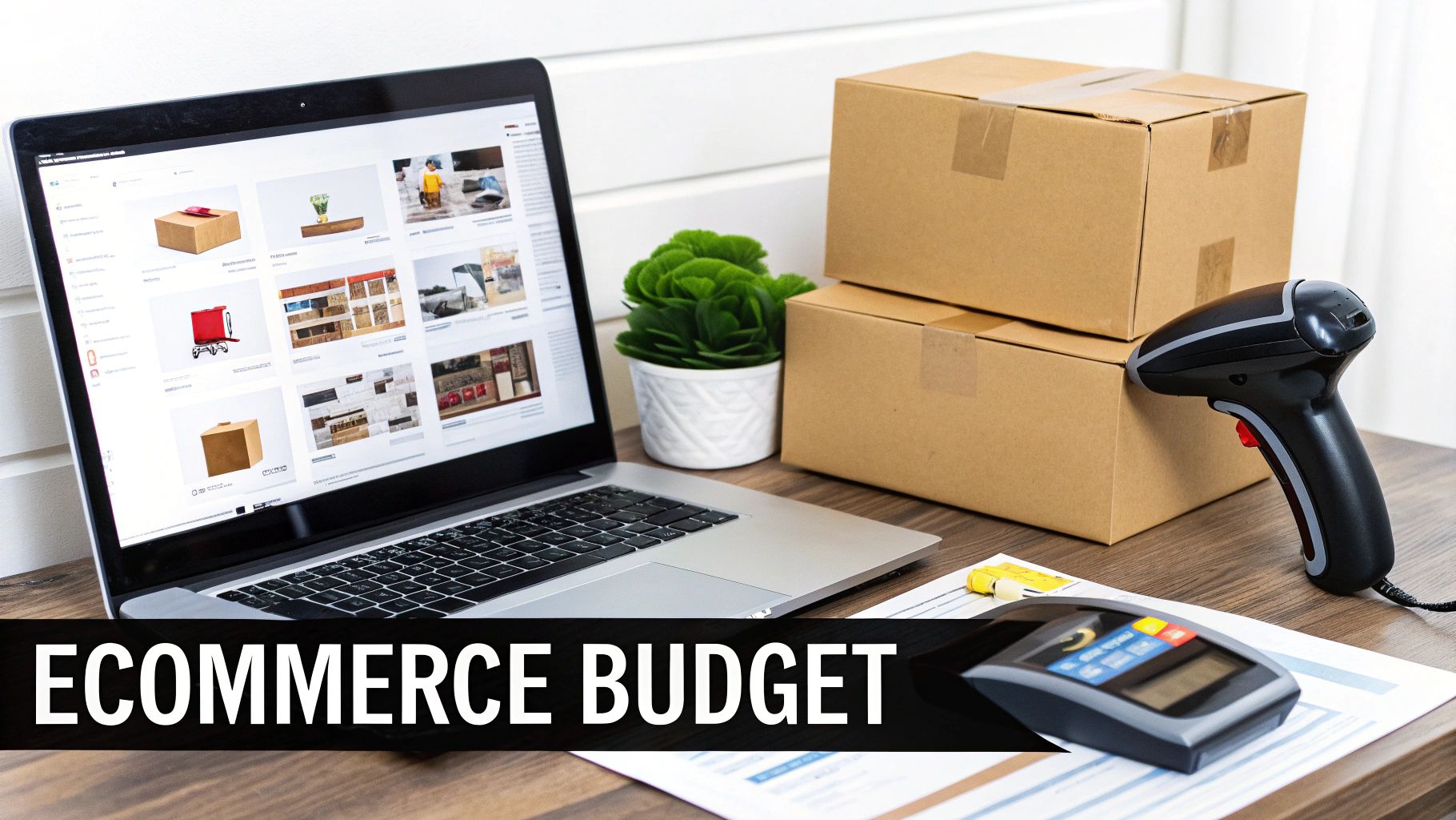 E-commerce setup with a laptop showing product listings, shipping boxes, a barcode scanner, and payment terminal on a desk.