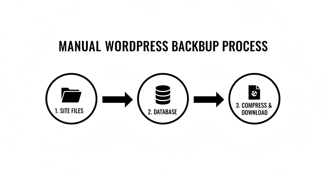 A flowchart illustrating the manual WordPress backup process with three steps: site files, database, and compress & download.