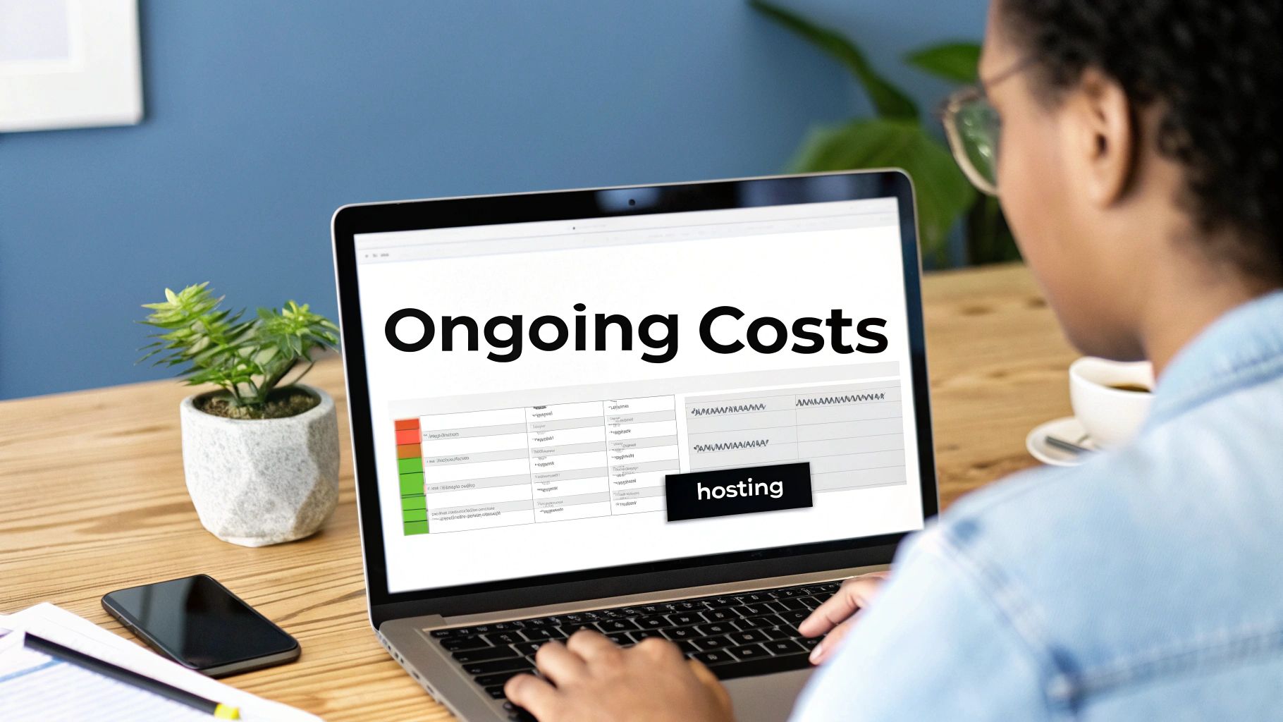 A person reviewing a laptop screen showing 'Ongoing Costs' and a table with 'hosting' highlighted.