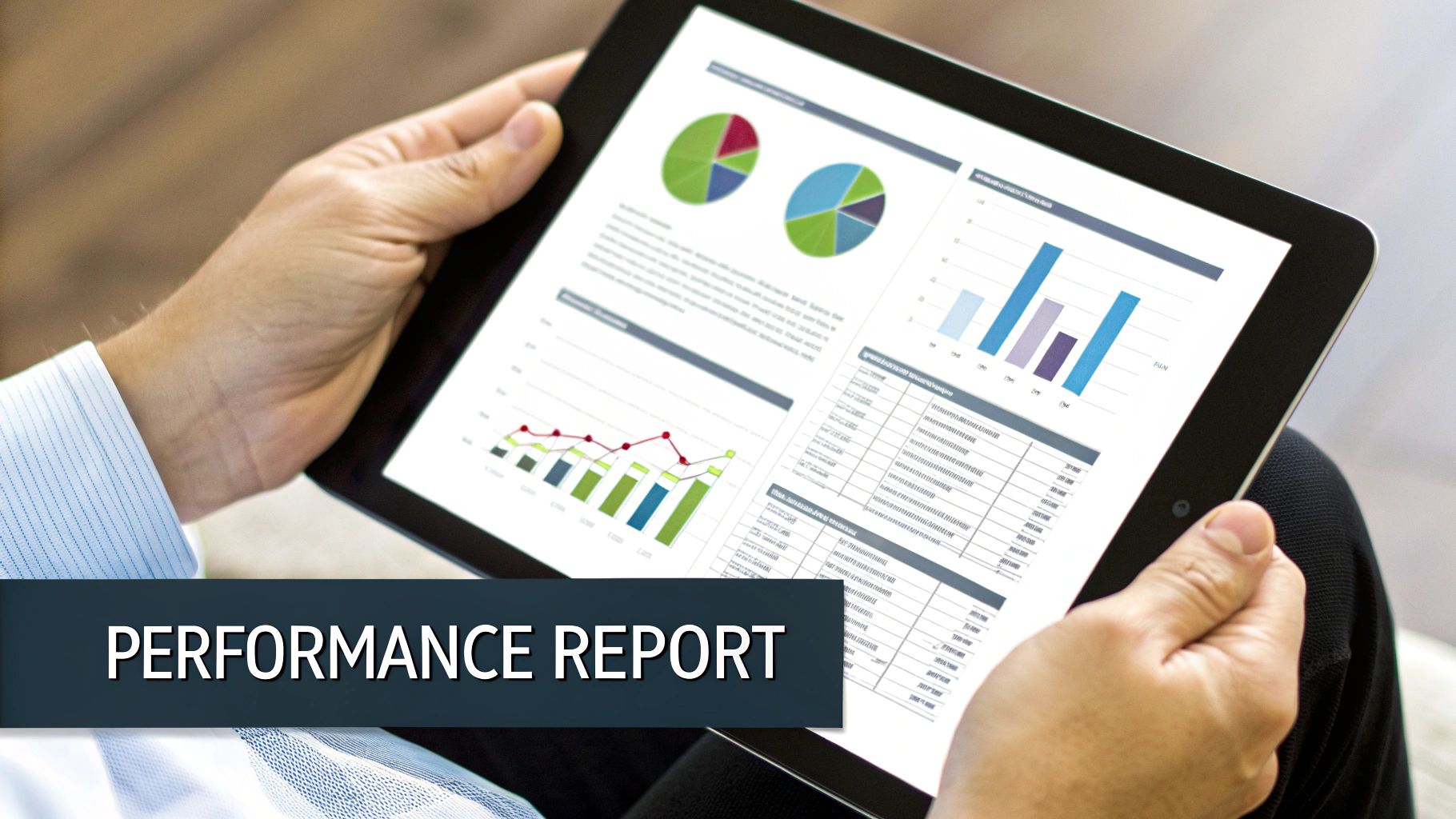 A person holds a tablet displaying a detailed performance report with various charts and graphs.