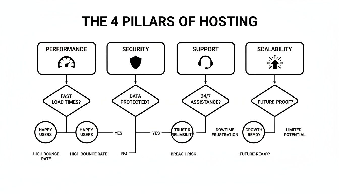 A detailed flowchart illustrating the four pillars of hosting: performance, security, support, and scalability, with decision points and outcomes.
