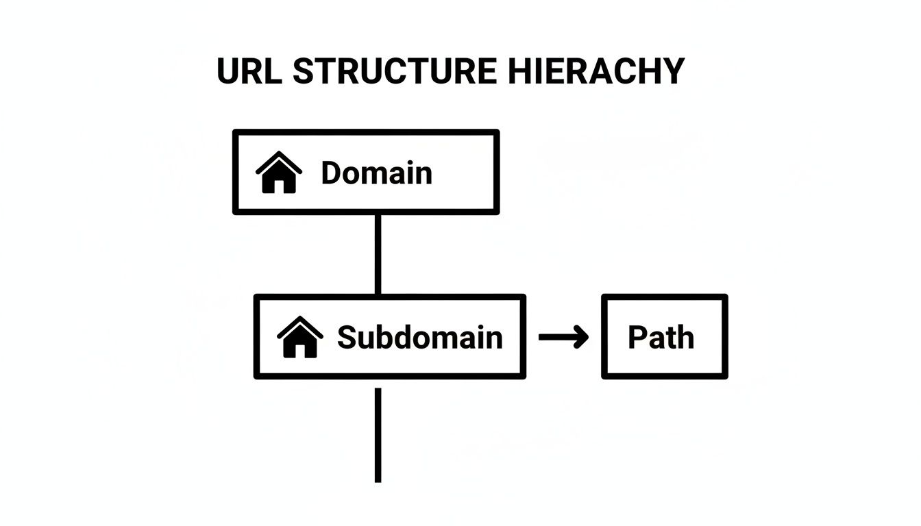Diagram illustrating the URL structure hierarchy, showing Domain at the top, followed by Subdomain, and Path.