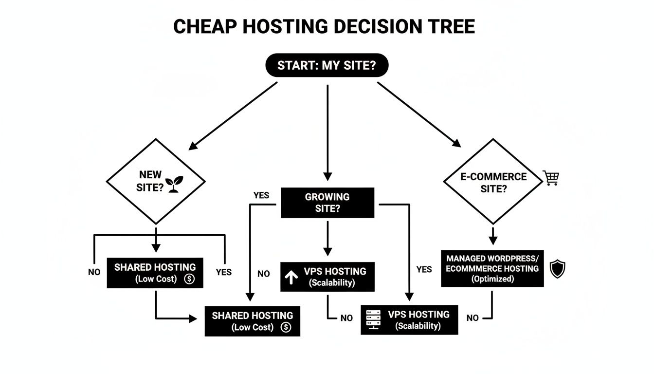 Decision tree outlining choices for cheap web hosting based on site type and growth.