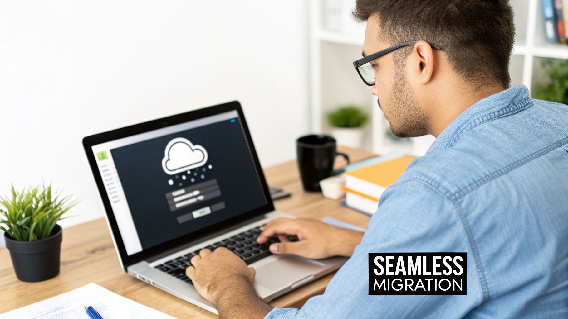 A man in glasses seamlessly migrating data to the cloud on his laptop, highlighting efficient cloud hosting.