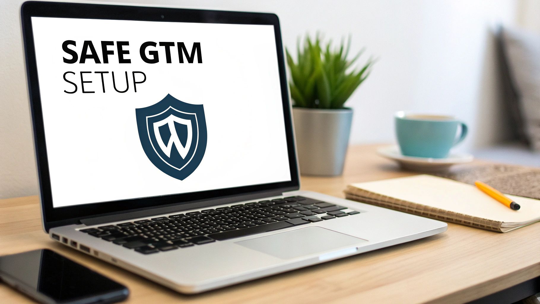 A laptop screen displays 'SAFE GTM SETUP' with a shield logo on a wooden office desk.