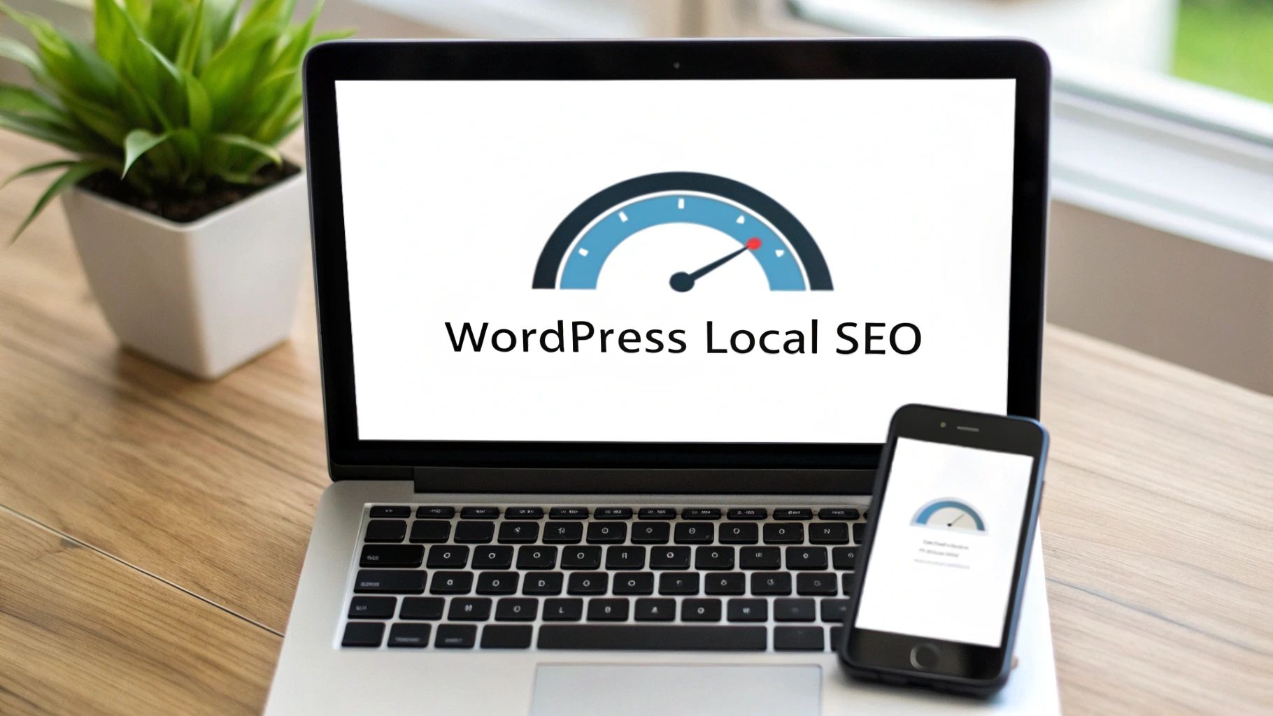 A laptop and smartphone on a wooden desk displaying 'WordPress Local SEO' with a speed gauge.