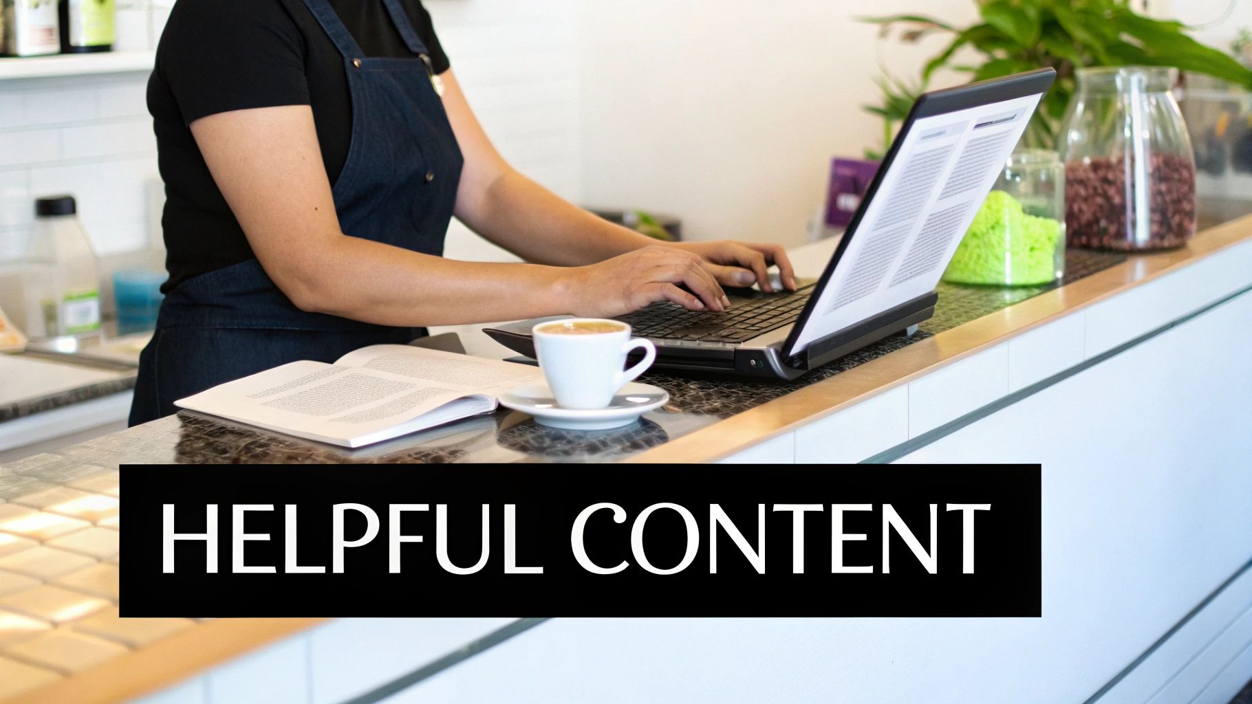 Person in a denim apron typing on a laptop with coffee and an open book on a counter.