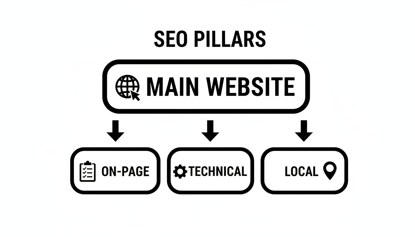 SEO Pillars diagram showing Main Website branching into On-Page, Technical, and Local SEO.
