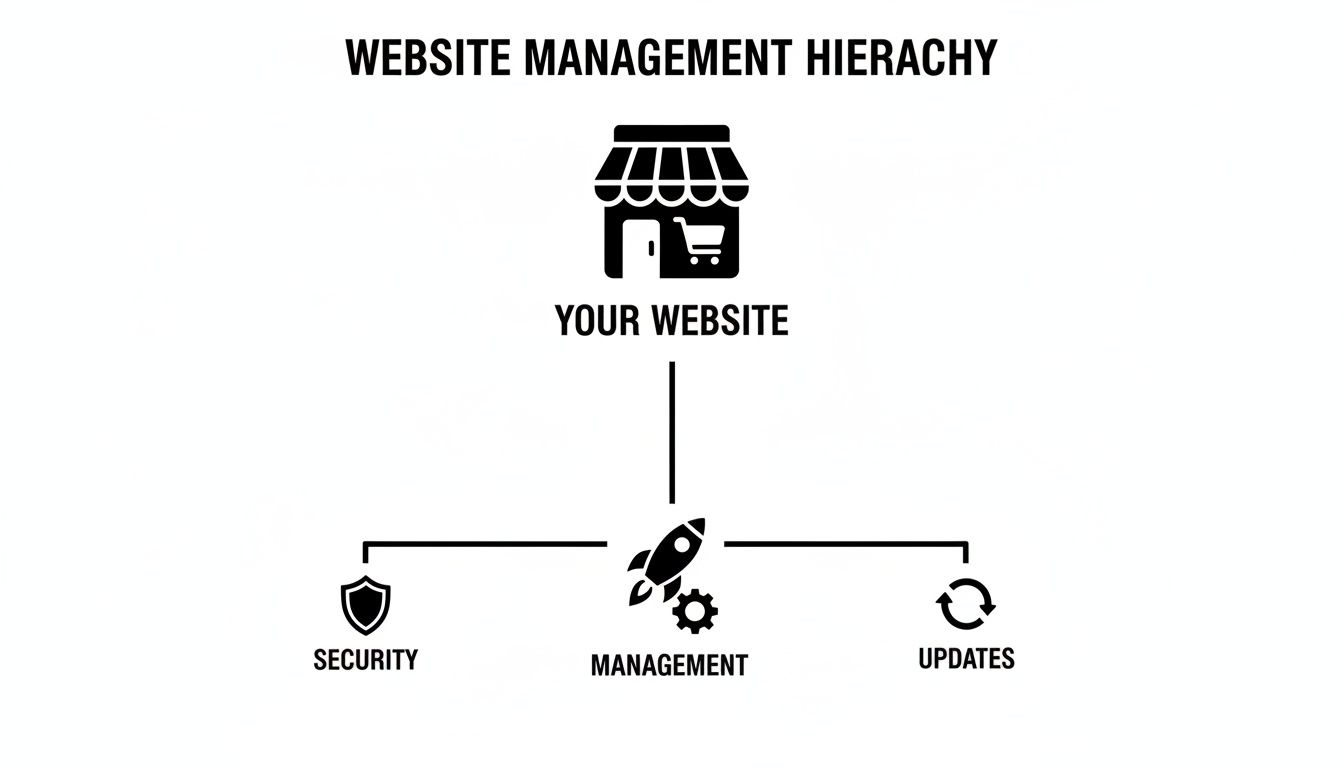 A diagram illustrating the website management hierarchy, showing a website connected to security, management, and updates.