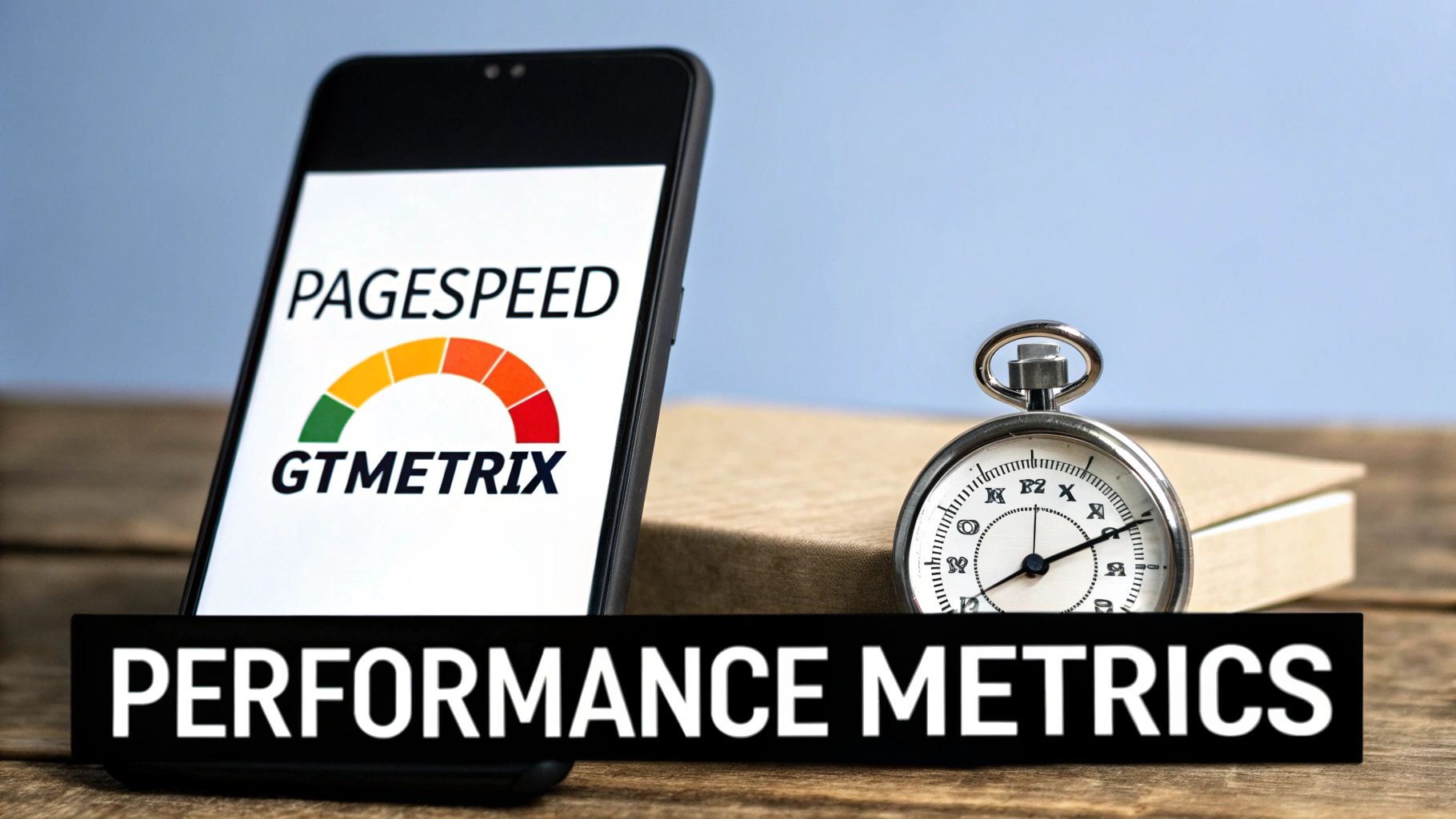 A smartphone displays Pagespeed and GTMetrix scores with a performance gauge, alongside a stopwatch and 'Performance Metrics' text.