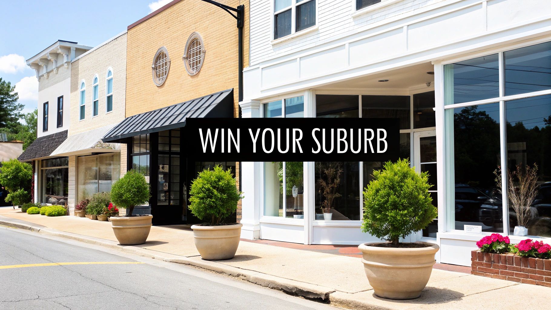 A vibrant street scene showing a row of small town businesses with shopfronts and potted plants, under a blue sky.
