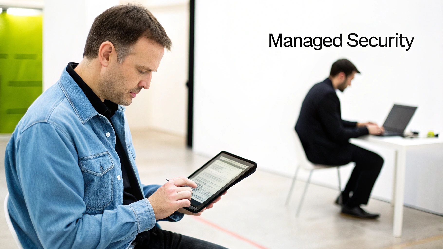 Two professionals in an office, one focused on a tablet, the other on a laptop, illustrating managed security services.