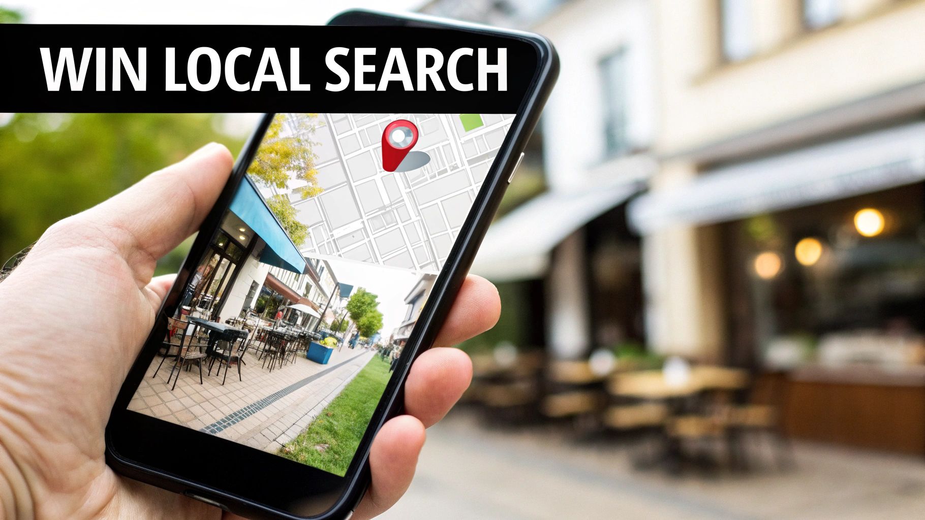 Hand holding a smartphone displaying a map and street view of a local business, promoting 'WIN LOCAL SEARCH'.