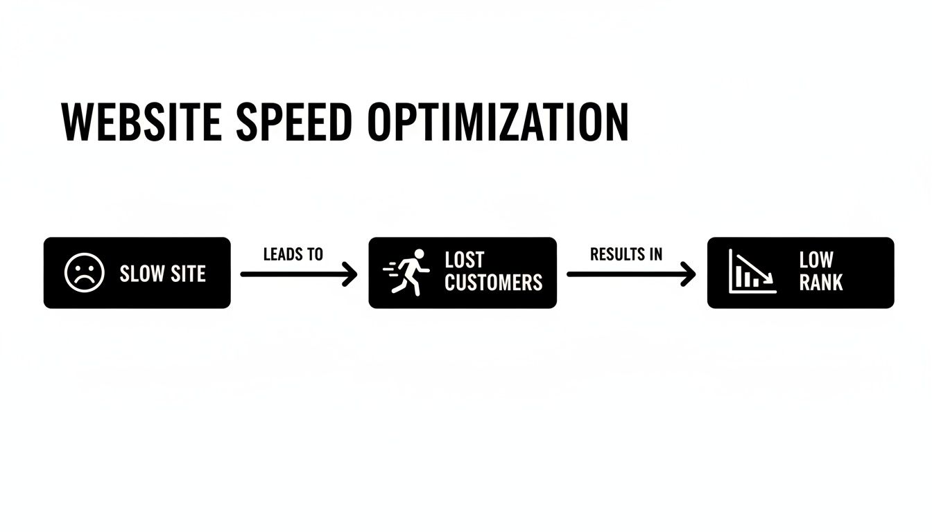 Flowchart showing how a slow website leads to lost customers and low search engine rank.
