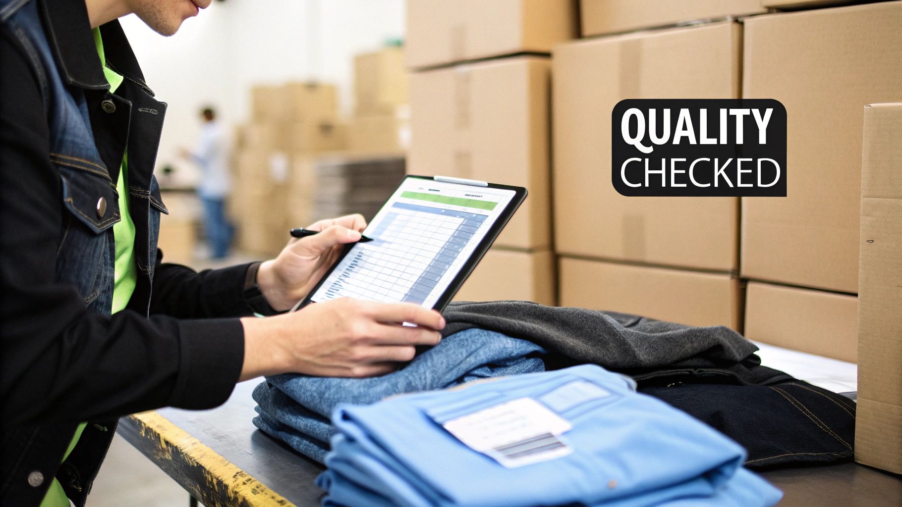 A person performs a quality check on folded clothes, using a tablet in a warehouse.