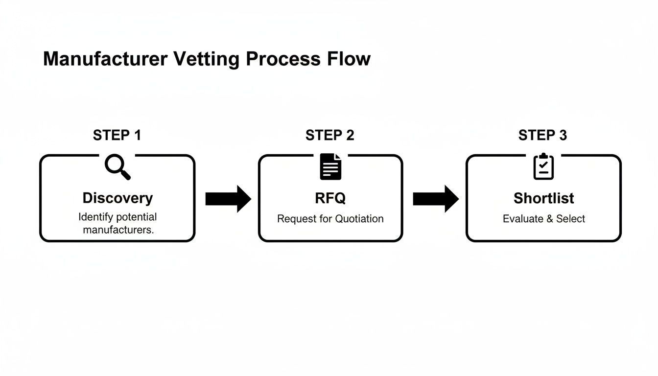 A flowchart detailing the manufacturer vetting process, including Discovery, RFQ (Request for Quotation), and Shortlist steps.