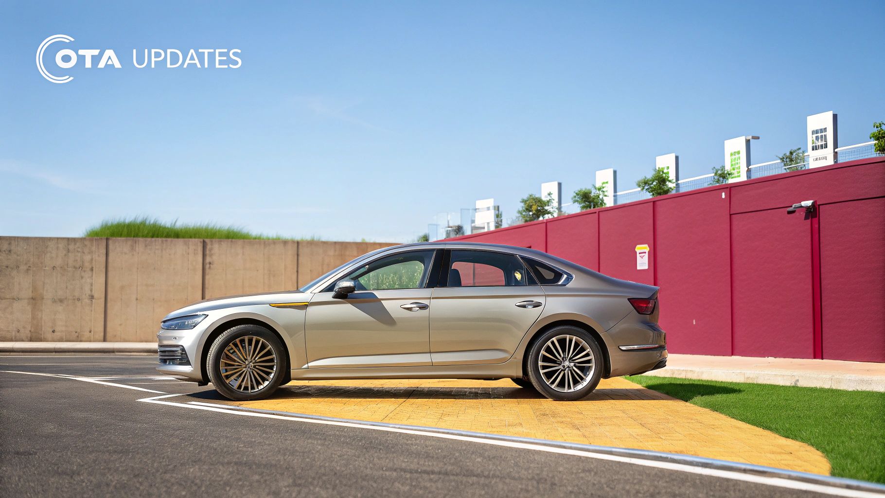 An illustration showing a car being updated wirelessly from a satellite, symbolizing the concept of over the air updates.