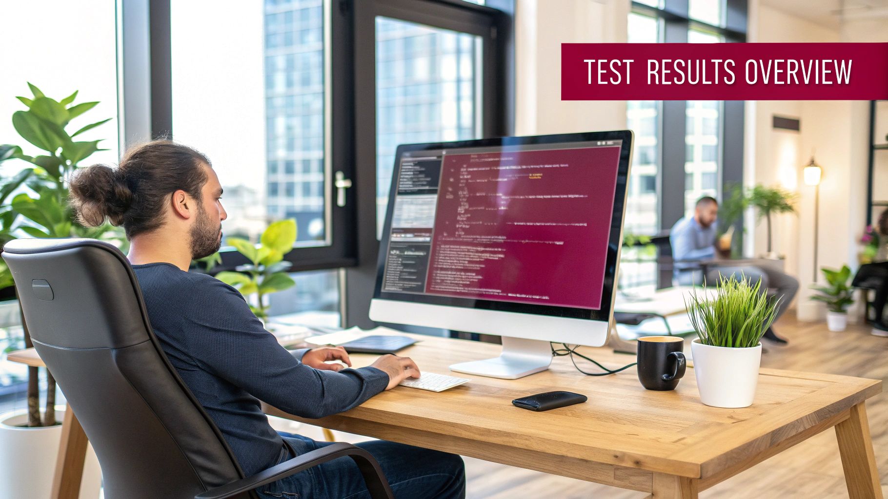 Developer looking at charts and code on a computer screen, representing the analysis of test results
