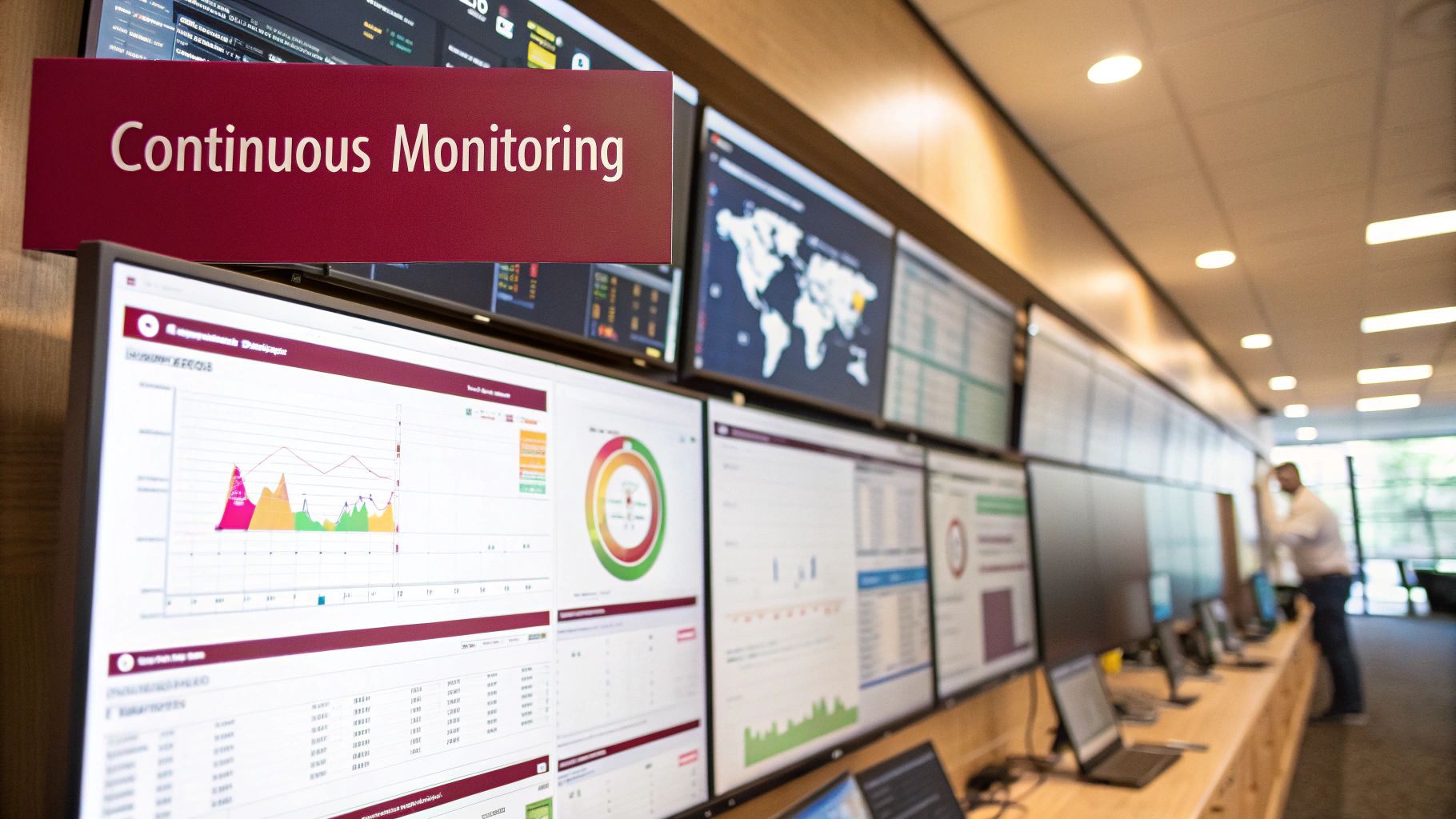 Image of a security operations center with multiple screens showing data dashboards and alerts, illustrating the concept of continuous monitoring.