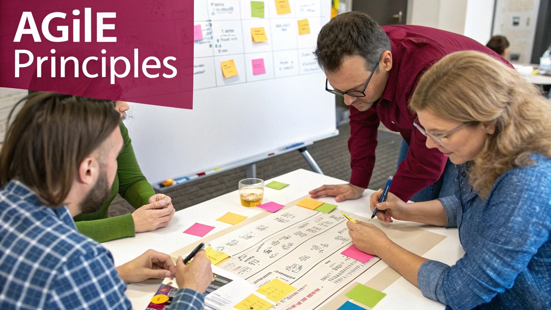 A development team collaborating around a whiteboard, planning their next sprint with sticky notes.