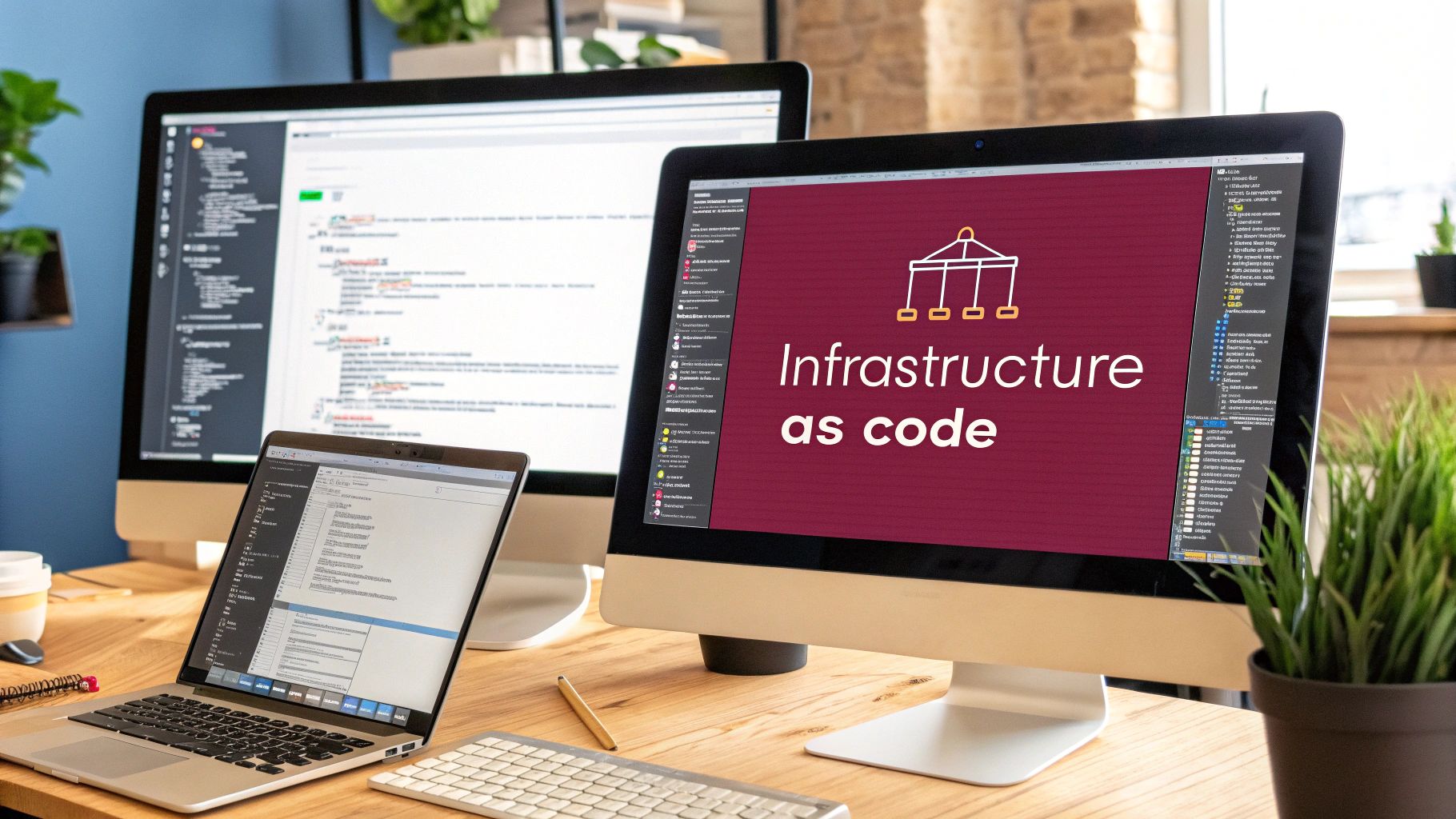 Diagram illustrating the Infrastructure as Code (IaC) process, showing code being committed to a repository, which then triggers automated provisioning of cloud resources like servers, databases, and networks.