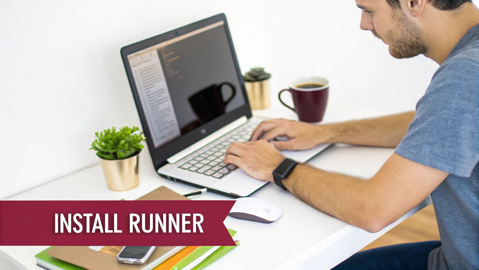 A developer's desk with a laptop displaying code, illustrating the integration of runners into a CI/CD workflow.