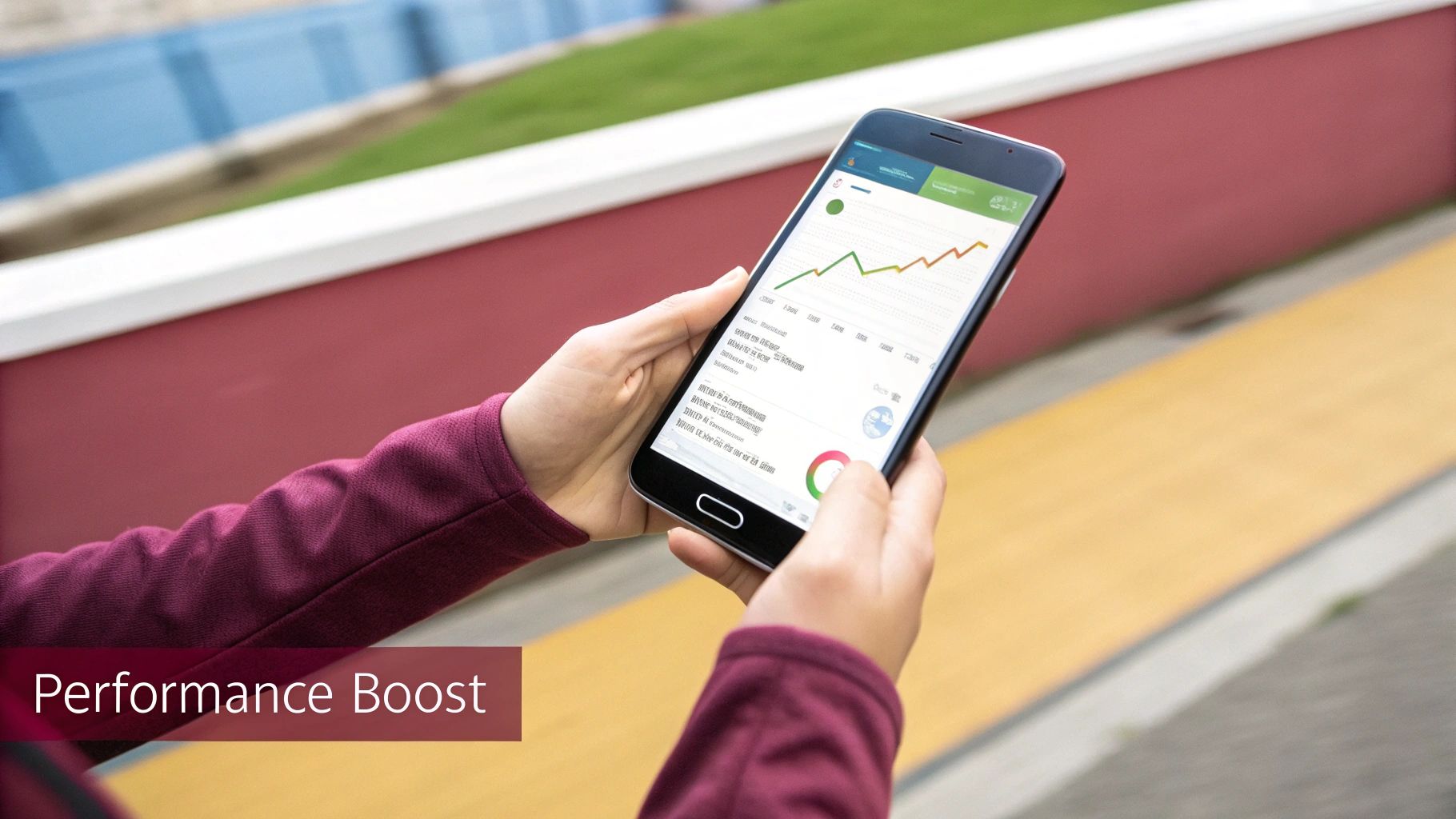 A futuristic dashboard showing performance metrics and UI component trees for a mobile app