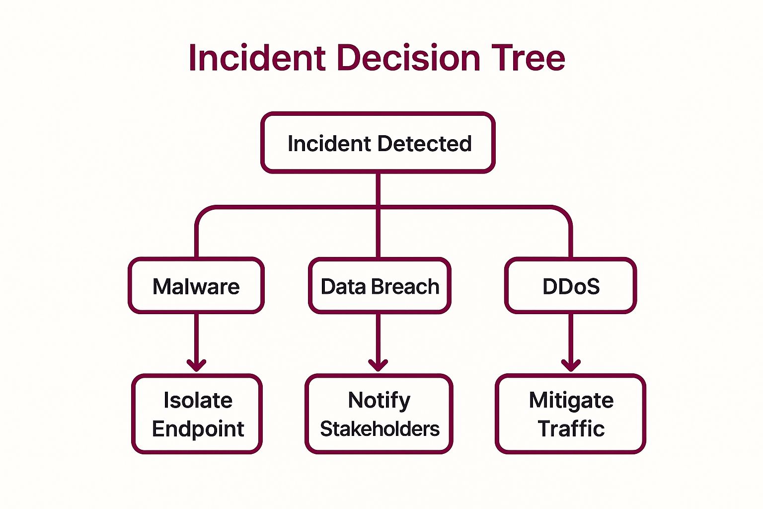 Infographic showing a decision tree for initial incident response actions based on incident type.