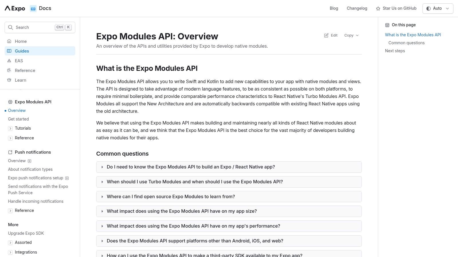 Expo (Modules API docs and SDK packages)