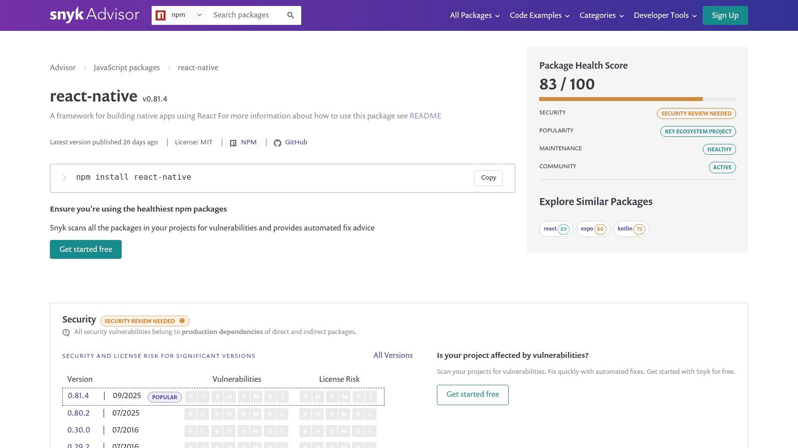 Snyk Advisor (Package health and security)