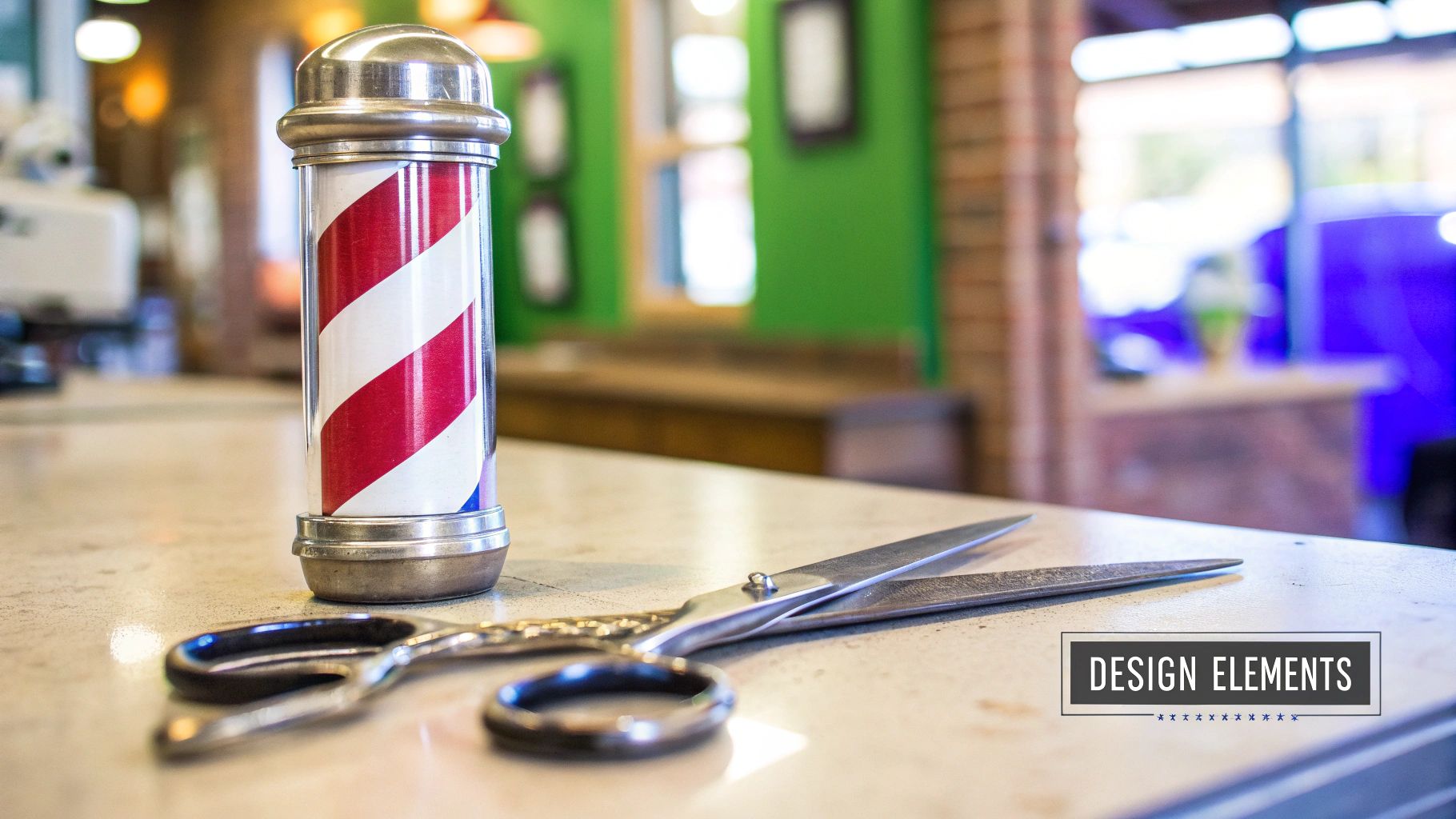 Classic barber shop tools like scissors and a razor arranged neatly.