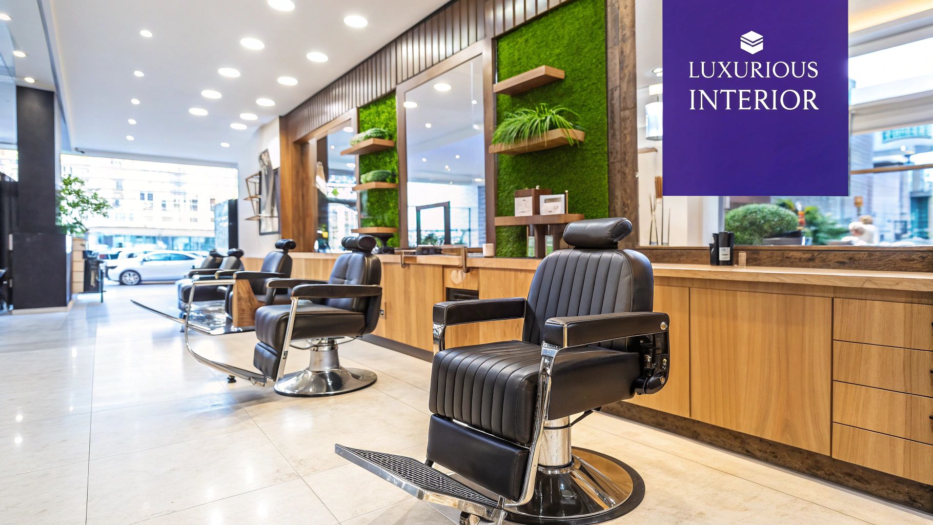 A barber shaving a client's beard in a stylish, high-end barbershop.