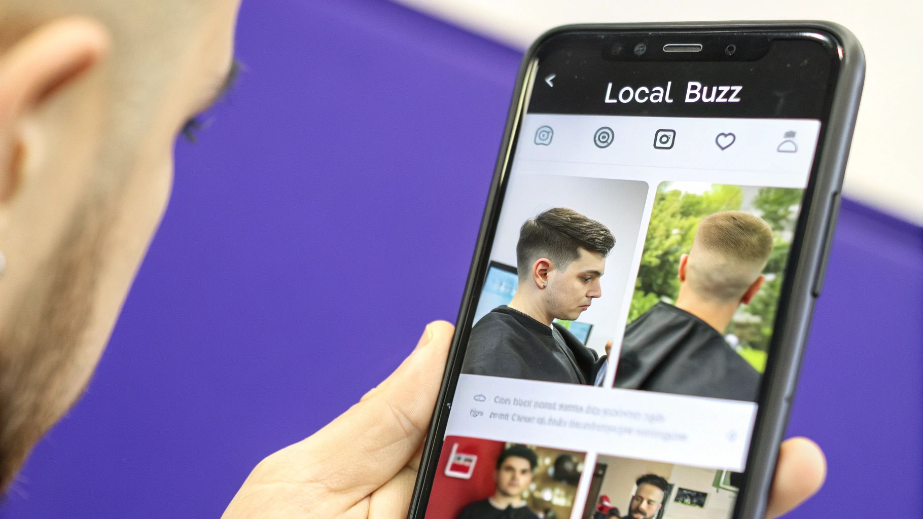 A barber using a phone to record a video of a fresh haircut, showcasing social media content creation in action.