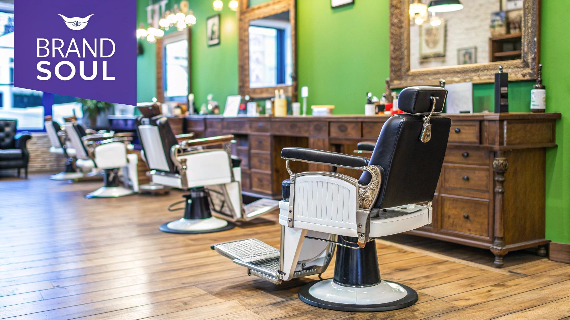 A modern barbershop interior with stylish chairs and decor, reflecting a strong brand identity.