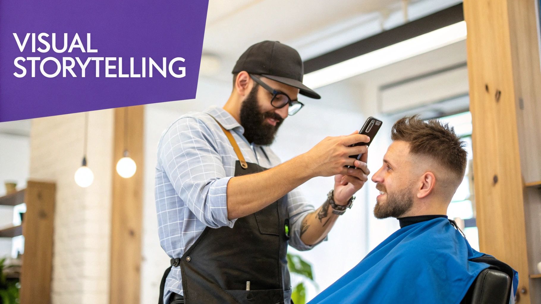 A stylish barber posing in a modern, well-lit barbershop, showcasing the importance of brand personality on social media.