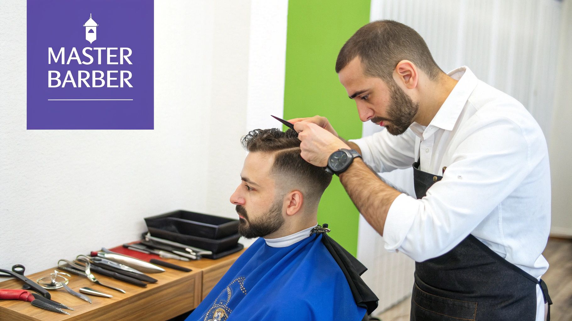 A barber consulting with a client in a modern, high-end barbershop.