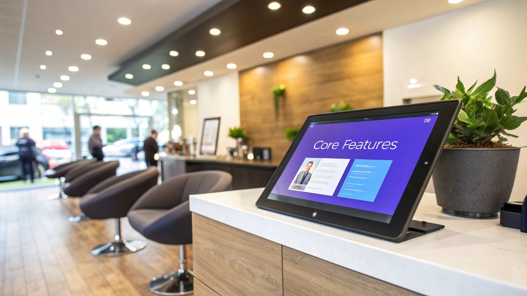 A barber using a tablet to manage salon software in a modern barbershop.