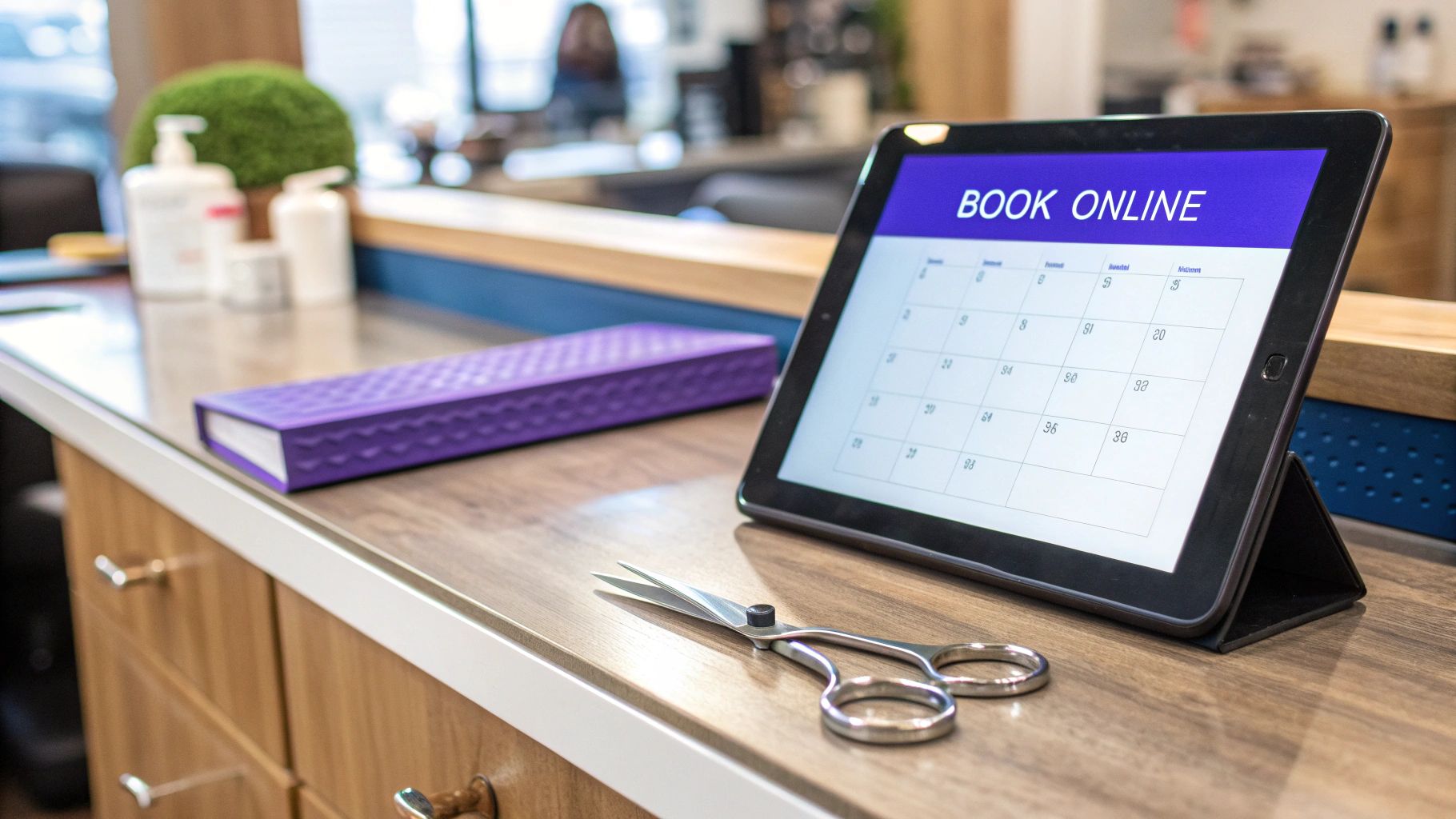 A smartphone screen showing an online booking app interface for a barbershop, with a stylish barber chair in the background.